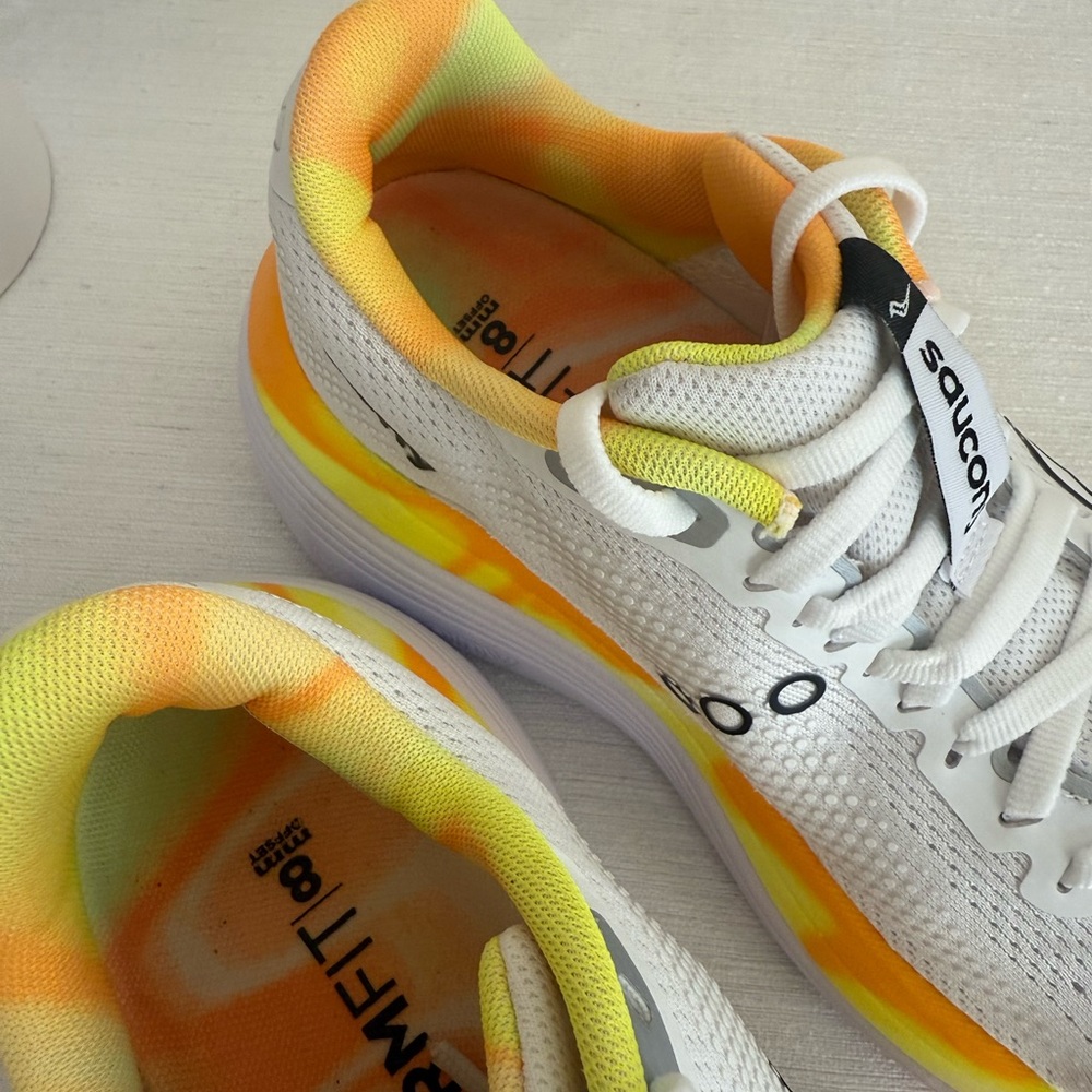 Saucony Endorphin White and Orange Running Sneakers - Picture 12 of 16